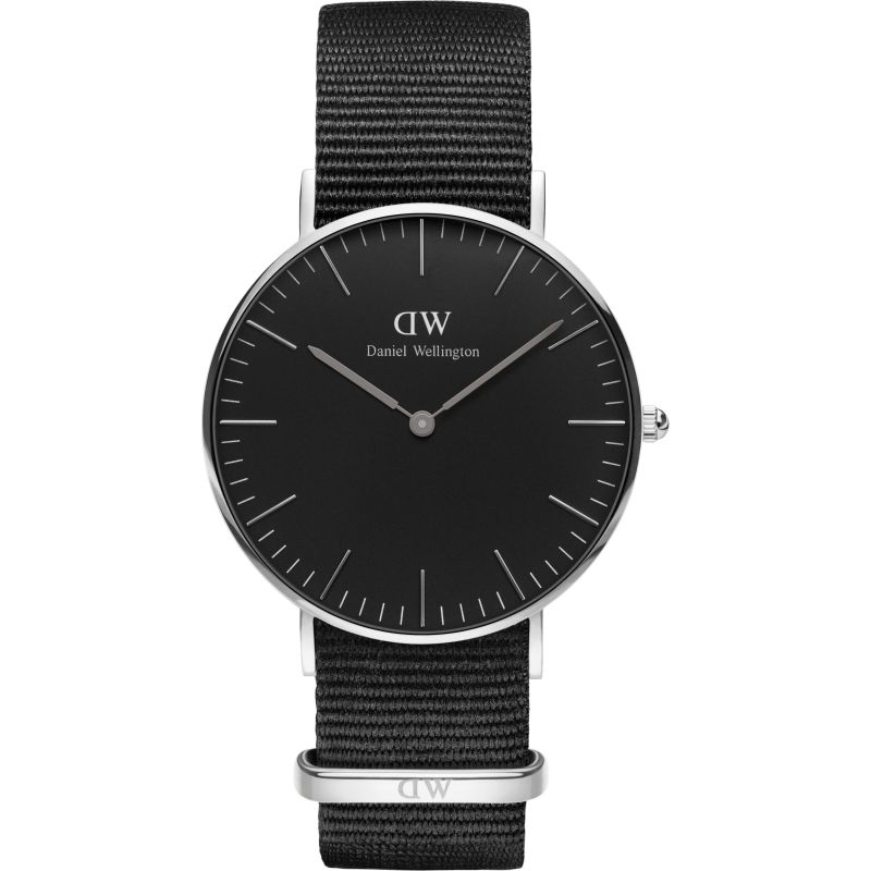 Daniel Wellington Cornwall 36mm black dial silver watch with black NATO strap