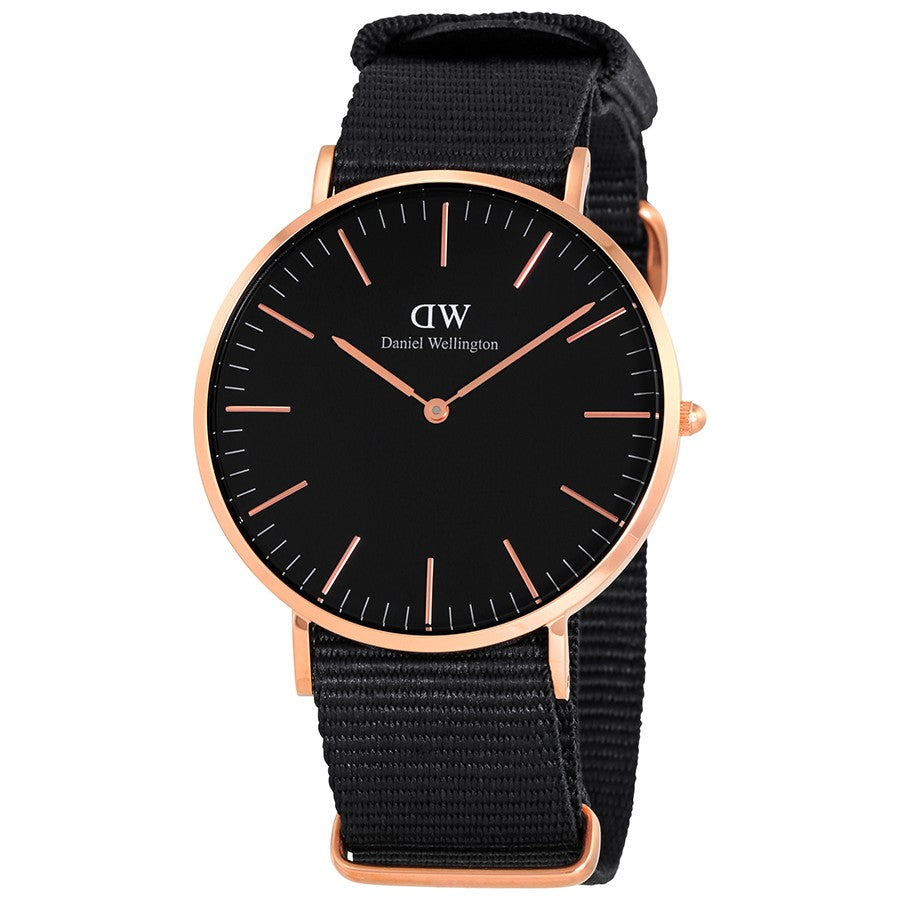 Daniel Wellington Cornwall 40mm watch with rose gold case, black dial, and black fabric strap