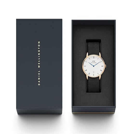 Daniel Wellington branded presentation box containing Dapper Cornwall watch with black strap
