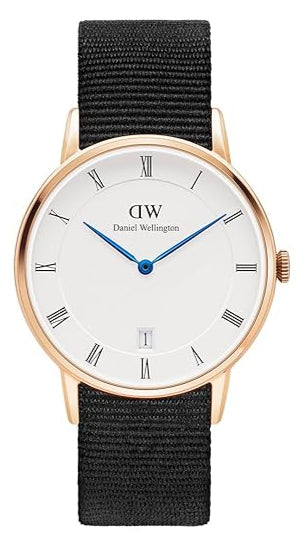 Daniel Wellington Dapper Cornwall white dial watch with rose gold case and black nylon strap