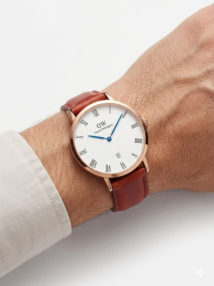 Daniel Wellington Dapper 38mm watch worn on wrist with brown leather strap and rose gold case