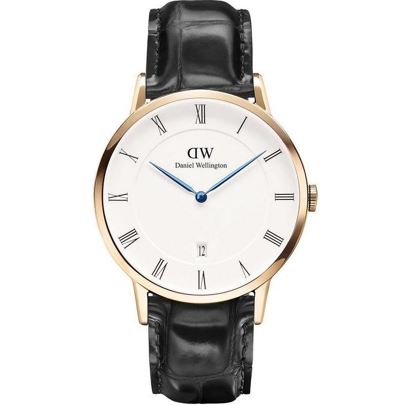 Daniel Wellington Dapper Reading 38mm gold watch with white dial and black leather strap