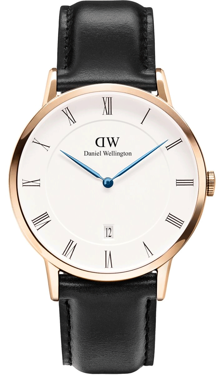Daniel Wellington Dapper Sheffield 38mm gold watch with white dial, Roman numerals, blue hands, and black leather strap