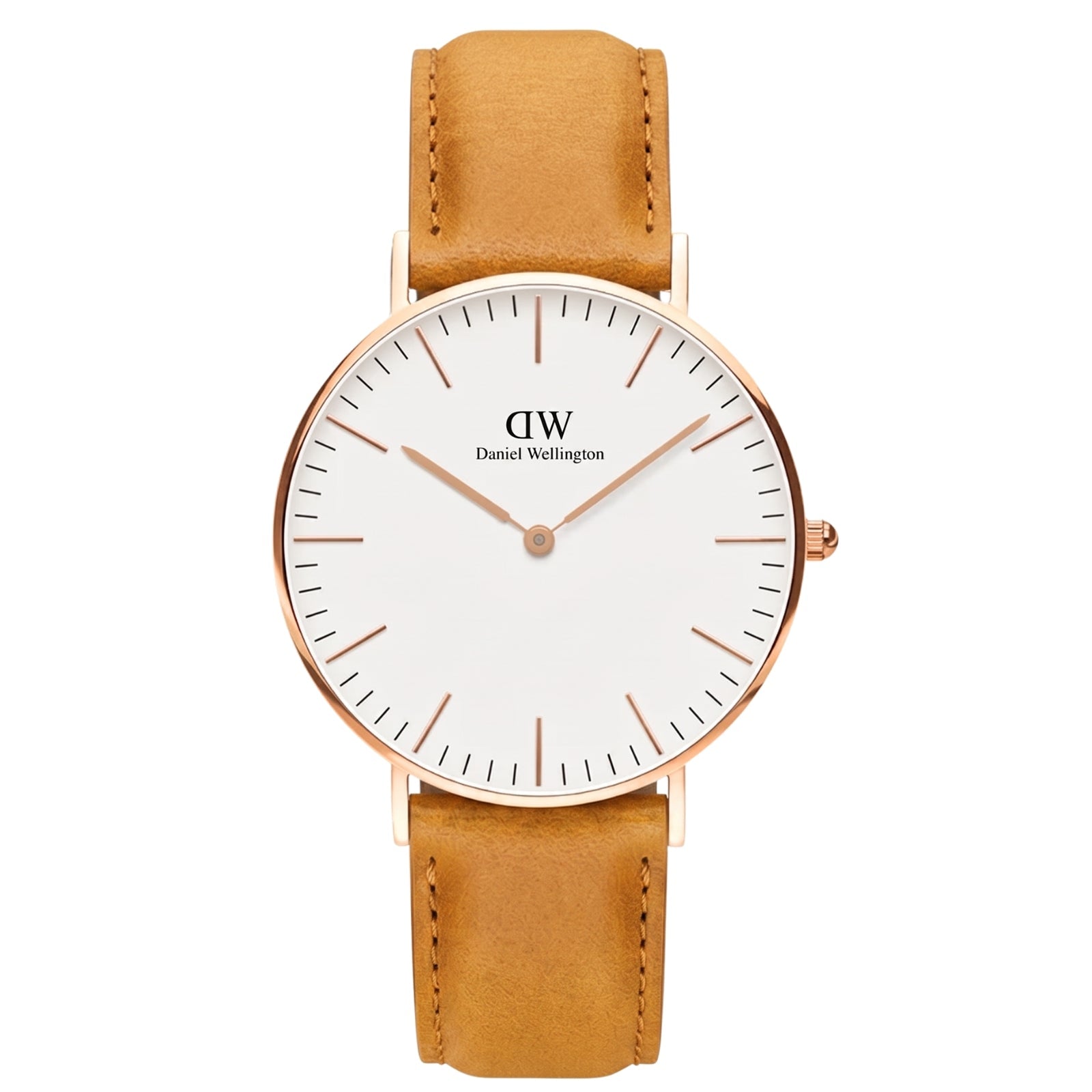 Daniel Wellington Durham 36mm watch with rose gold case, white dial, and brown leather strap