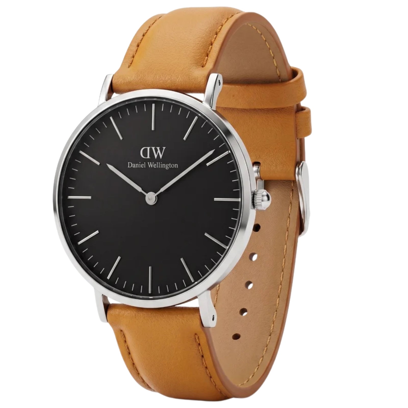 Daniel Wellington Durham watch side view showing brown leather strap with stitch detail