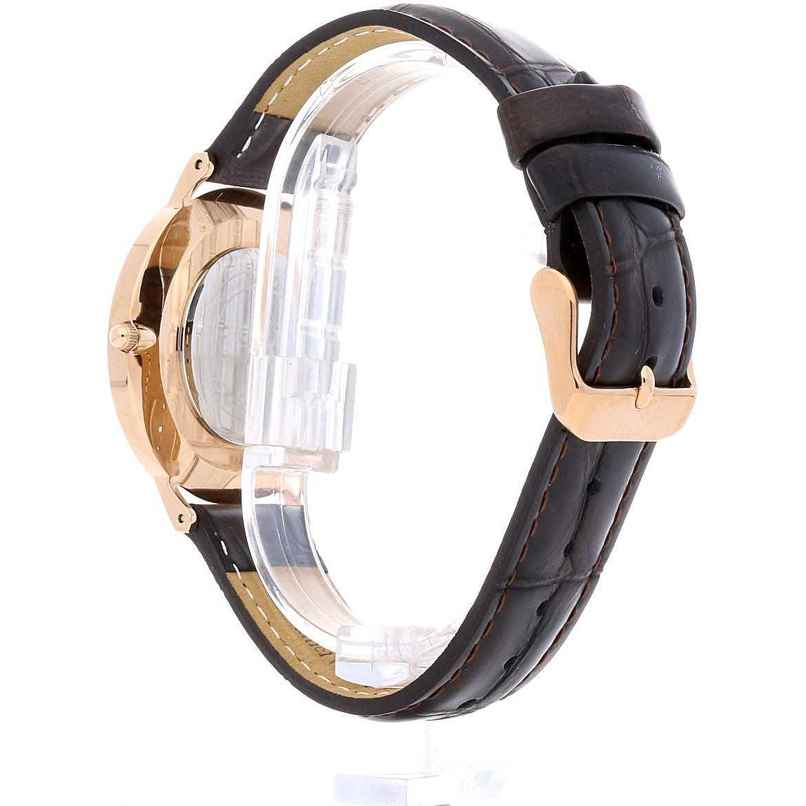 Daniel Wellington Classic York 36mm watch side profile with rose gold case, dark brown leather strap, and gold-tone hardware