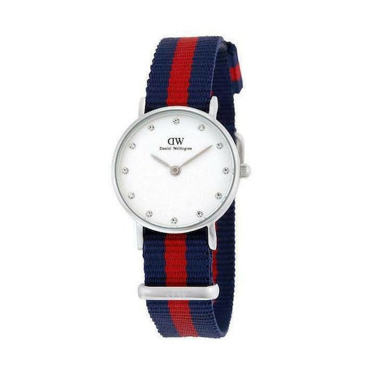 Daniel Wellington Classy Oxford watch with navy-red striped strap worn on wrist