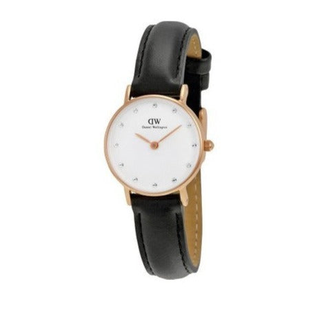 Daniel Wellington Classic Sheffield watch at angle showing white dial and black leather strap