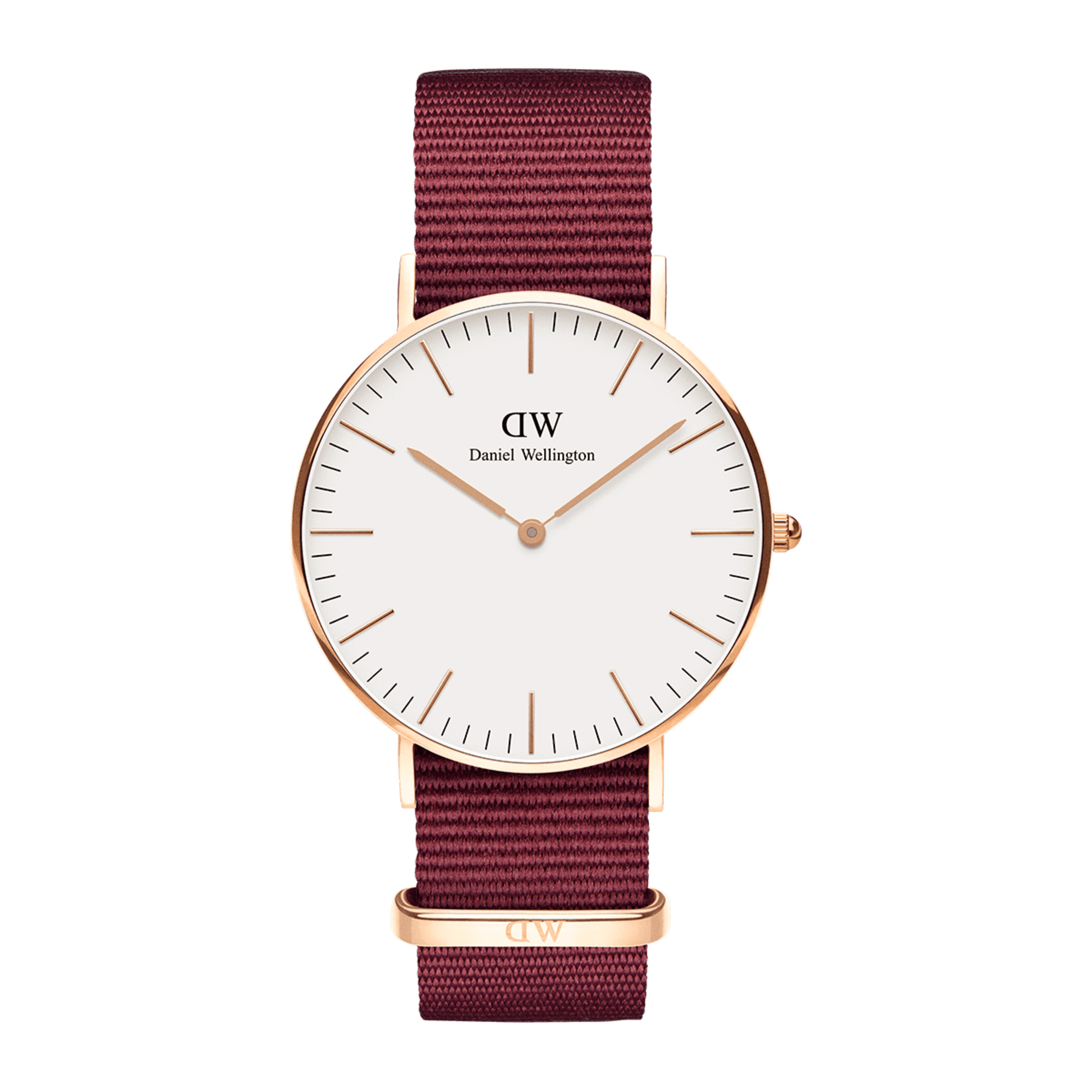 Daniel Wellington white-dial round watch with burgundy fabric band and rose gold case