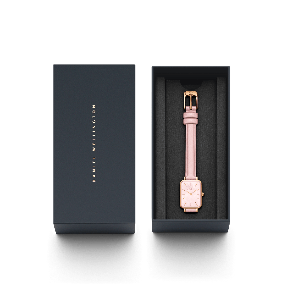 Daniel Wellington watch with pink strap in branded presentation box