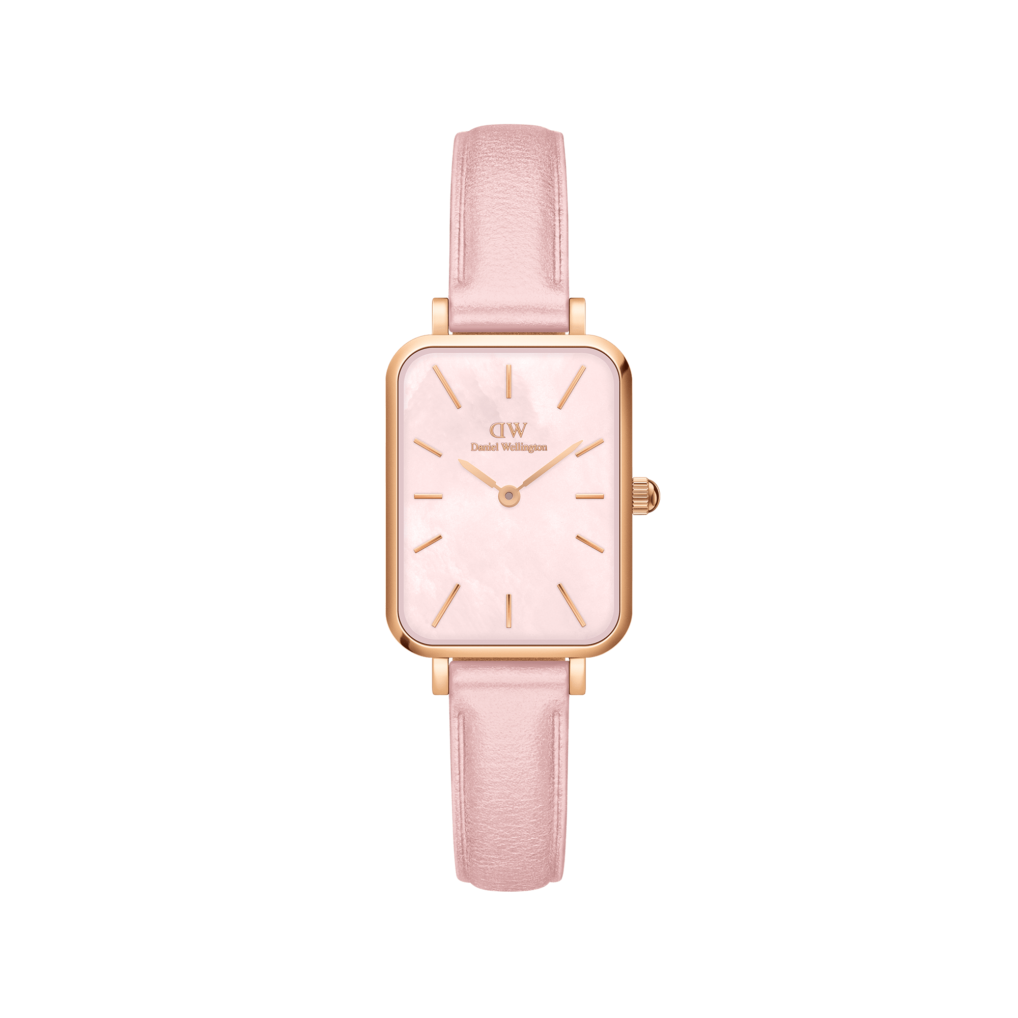 Daniel Wellington rose gold rectangular watch with white dial and pink leather strap