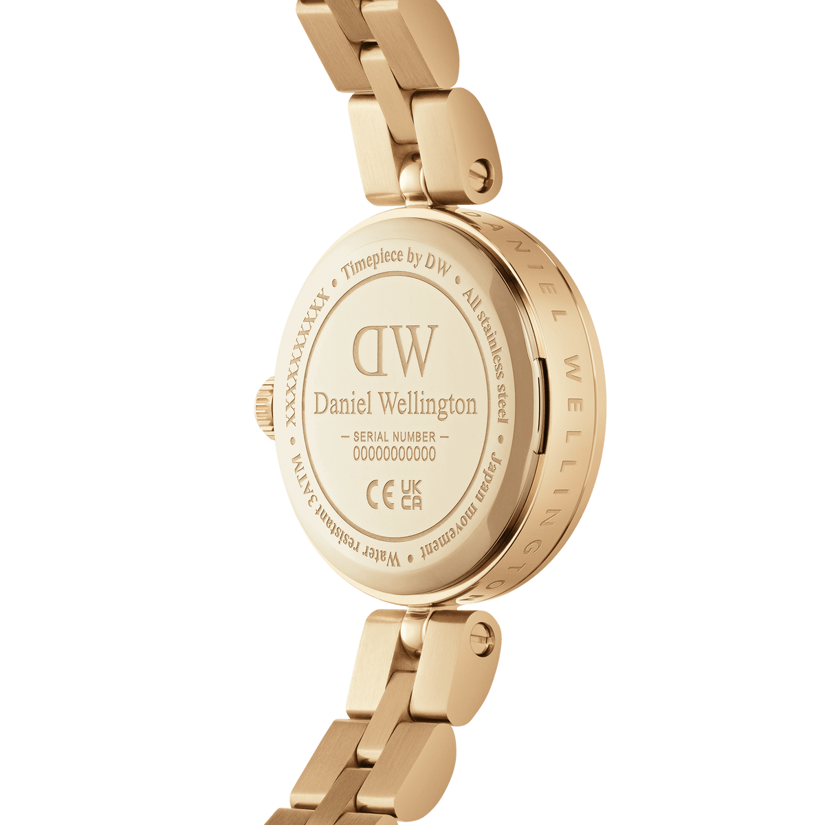 Caseback of Daniel Wellington Elan Lumine with engraved branding and serial number