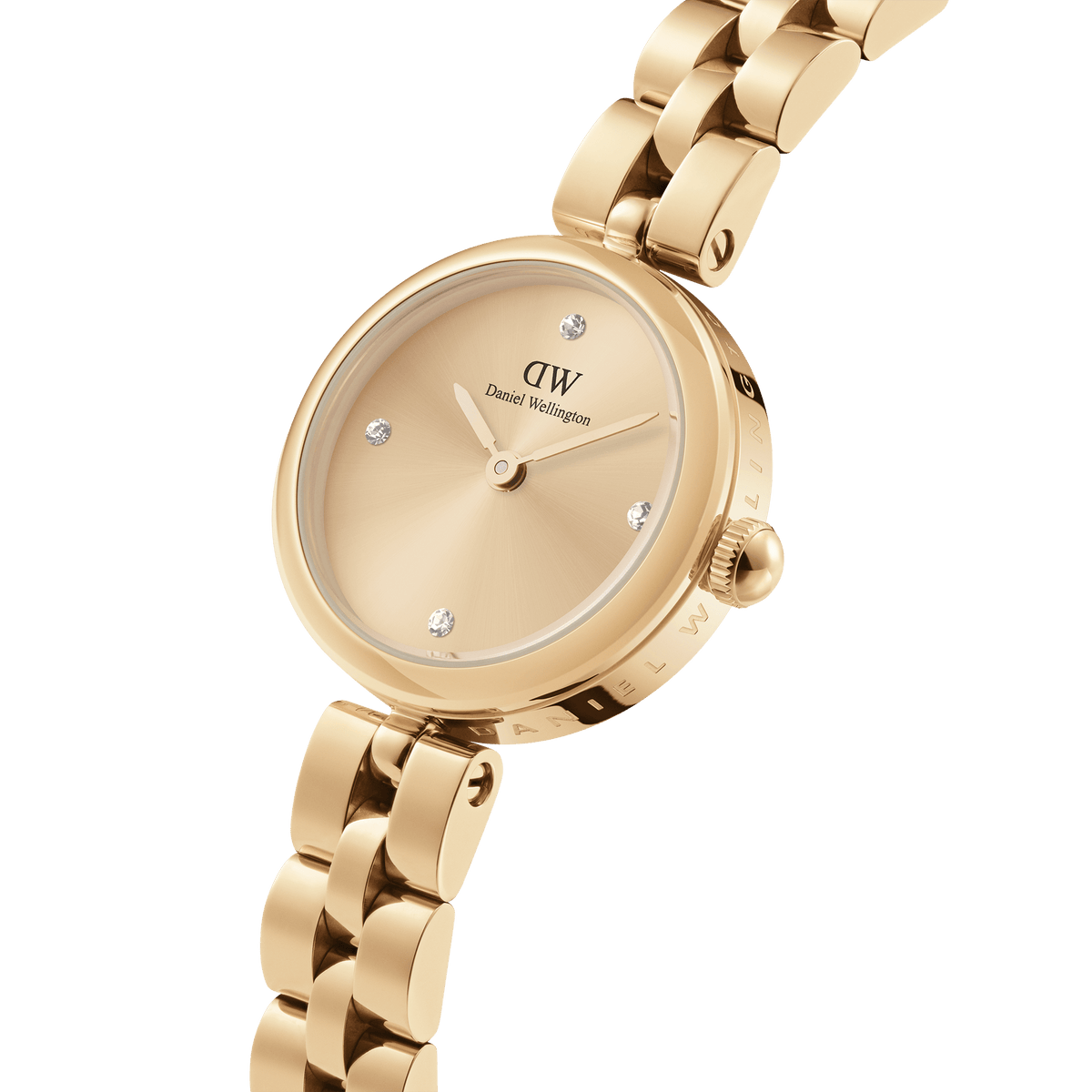 Angled view of Elan Lumine gold watch with champagne dial and link bracelet