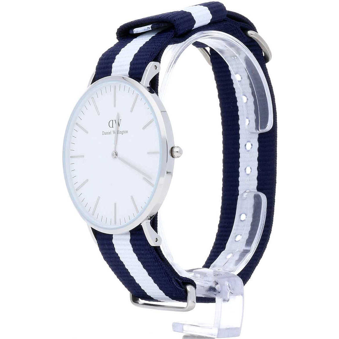 Side angle view of Daniel Wellington Glasgow silver watch with navy striped canvas strap