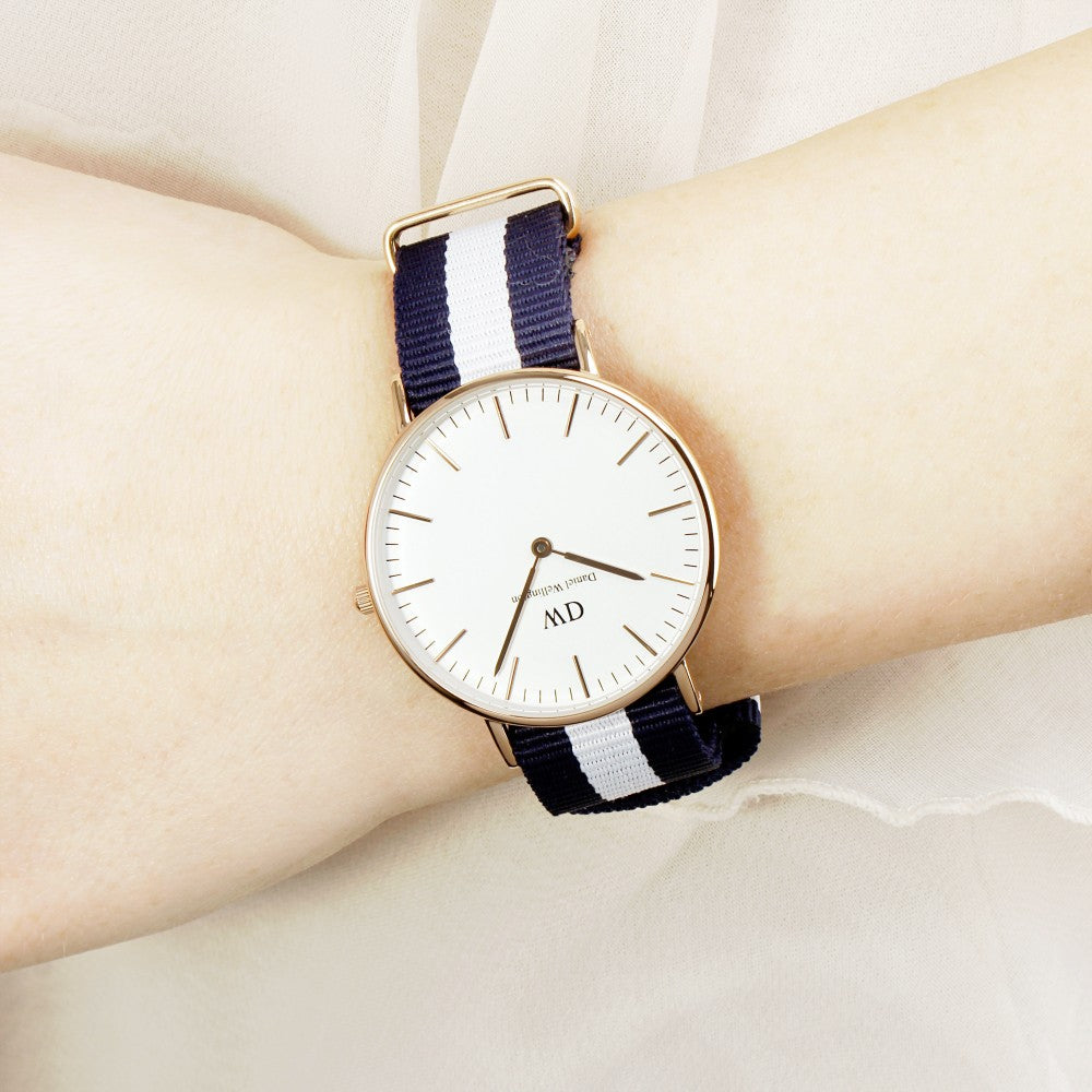 Glasgow 36mm watch worn on wrist with navy-white striped strap