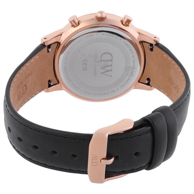 Caseback view showing Daniel Wellington Iconic Chronograph rose gold case with black leather strap