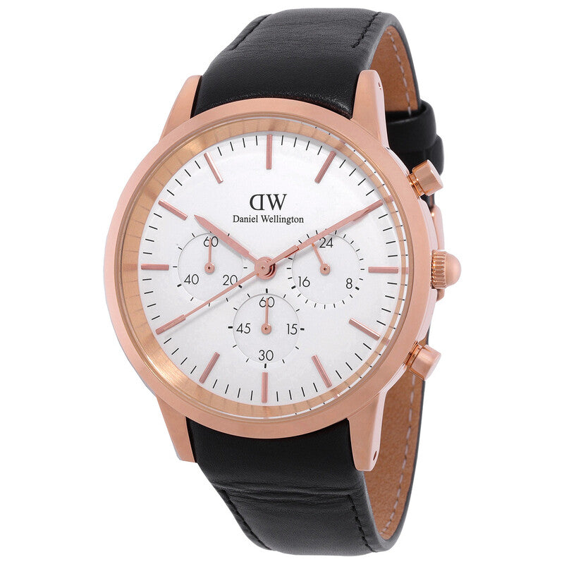 Daniel Wellington Iconic Chronograph Sheffield quartz watch with rose gold case, white dial, and black leather strap
