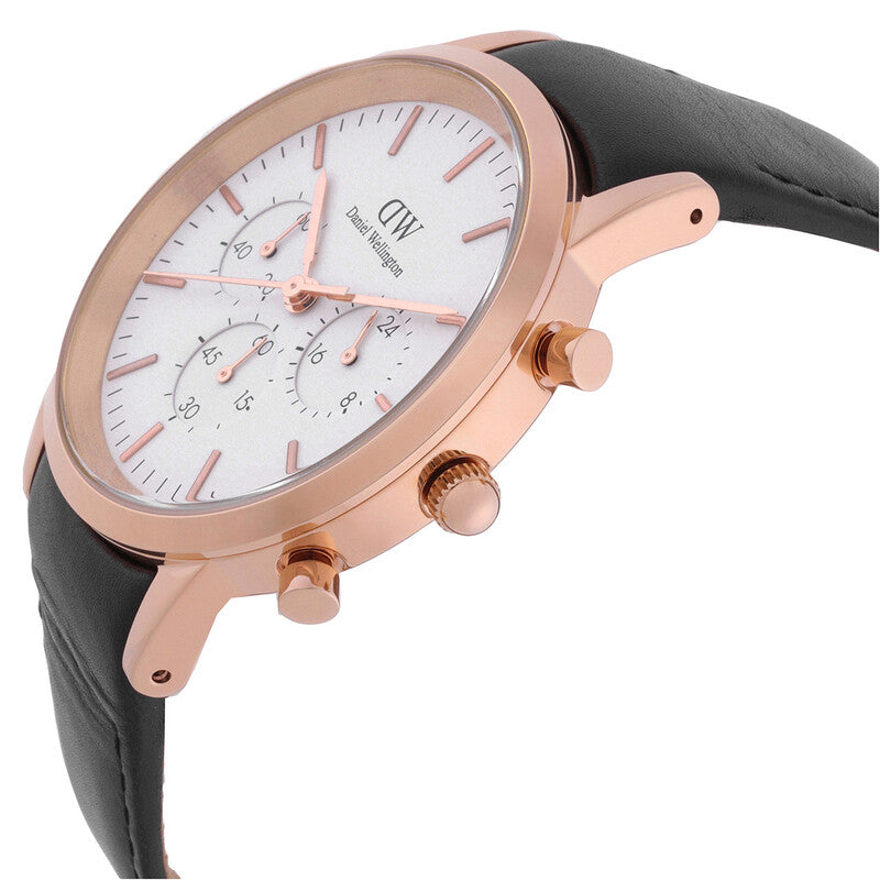 Side view of Daniel Wellington Iconic Chronograph with rose gold case and black leather strap