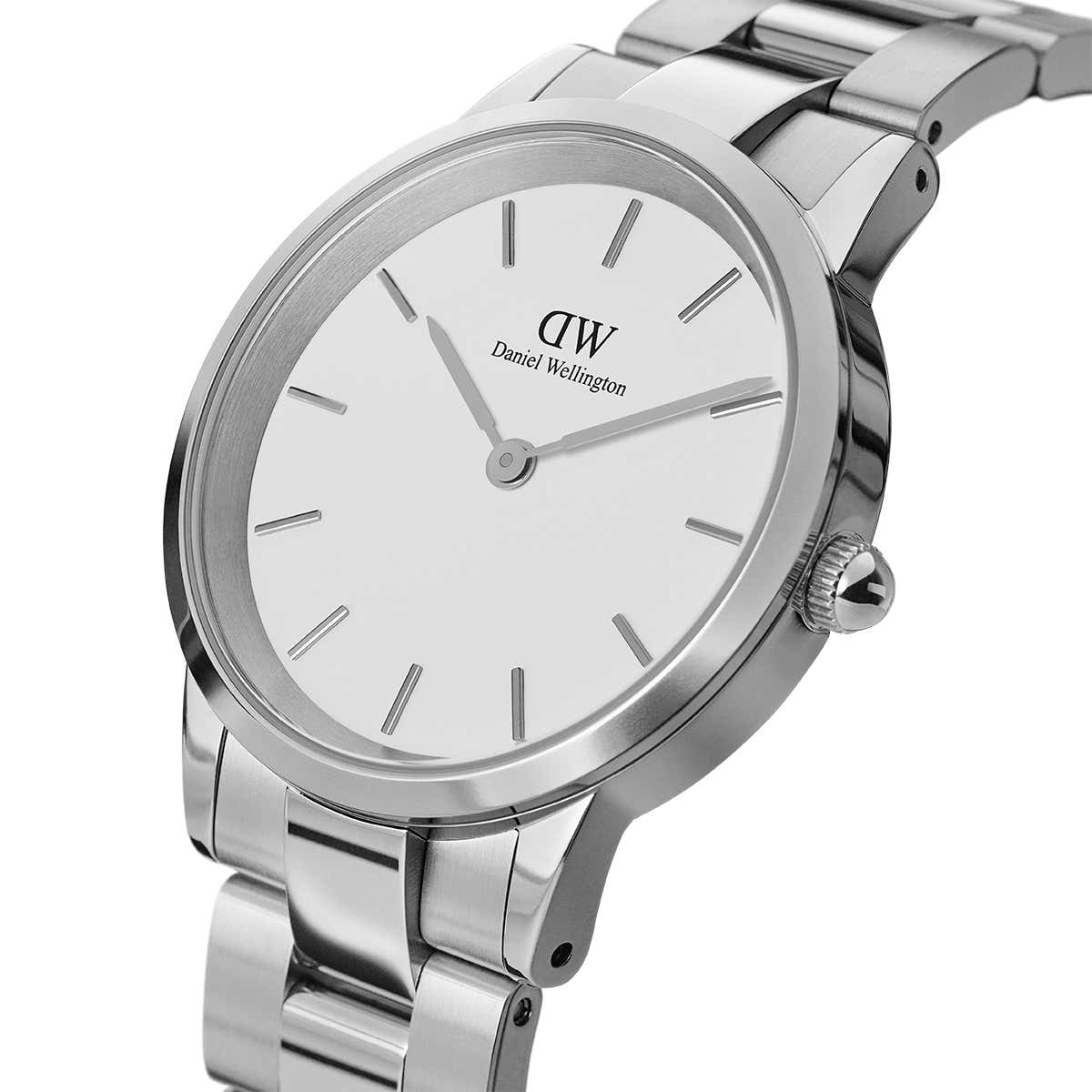 Daniel Wellington Iconic Link 32mm watch angled view showing white dial and silver bracelet