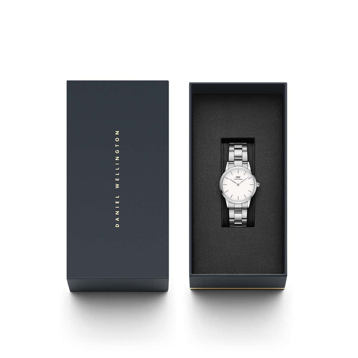 Daniel Wellington Iconic Link watch packaging with open box showing watch inside