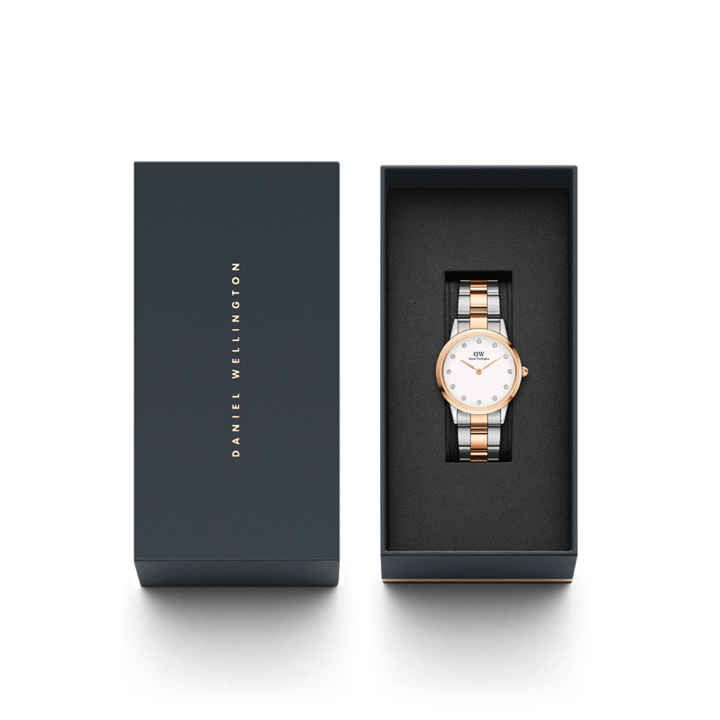 Watch packaging showing Daniel Wellington box with Iconic Link Lumine in two-tone finish