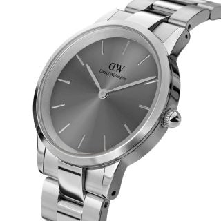 Daniel Wellington Link men's watch with grey dial, angled side view showing silver steel band