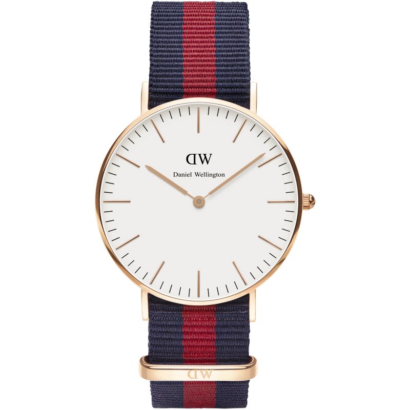 Daniel Wellington Oxford 36mm gold watch with white dial and navy red striped NATO strap