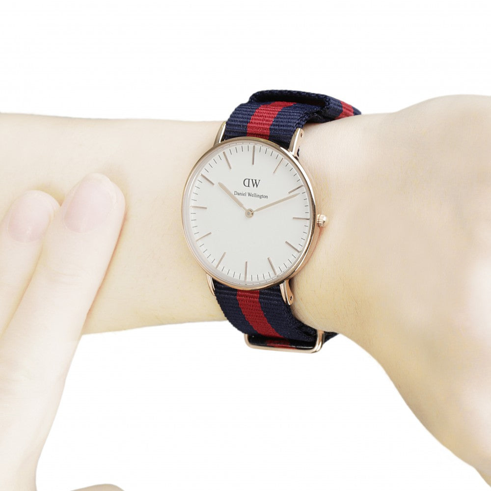 Daniel Wellington Oxford 36mm watch on wrist showing white dial and gold bezel