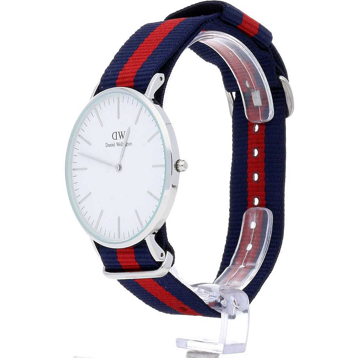 Side angle view of Daniel Wellington Oxford 40mm watch showing full strap length and case profile