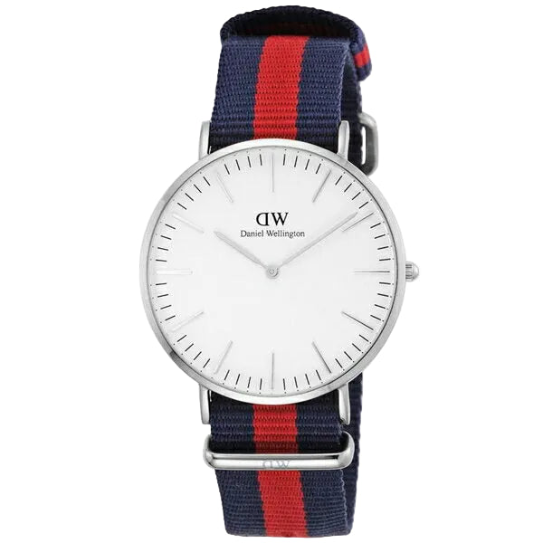 Daniel Wellington Oxford 40mm silver watch with white dial and navy red striped NATO strap