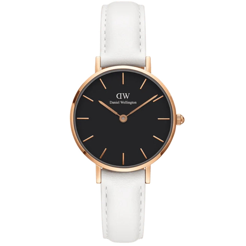 Daniel Wellington Petite 32mm Black Rose Gold Dial White Leather Strap DW00100283
