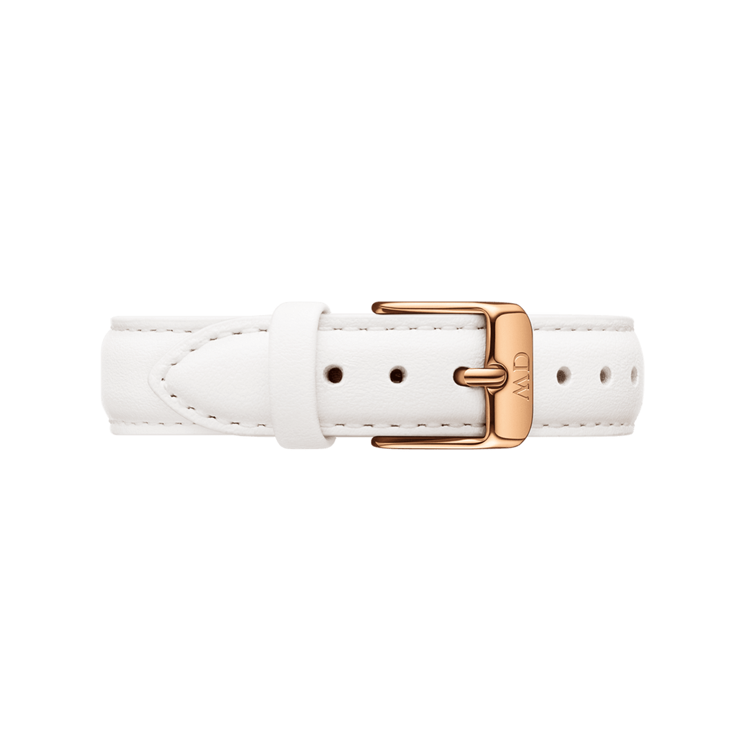 White leather strap with rose gold buckle and keeper, laid flat