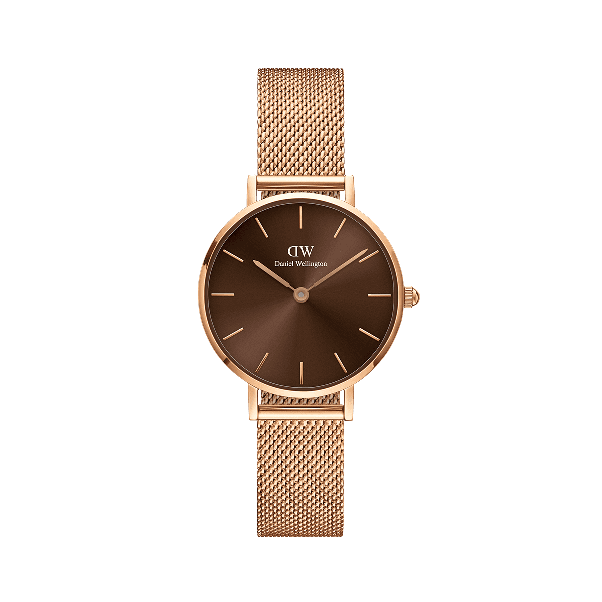 Daniel Wellington Petite Amber Brown Dial 28mm rose gold watch with mesh strap