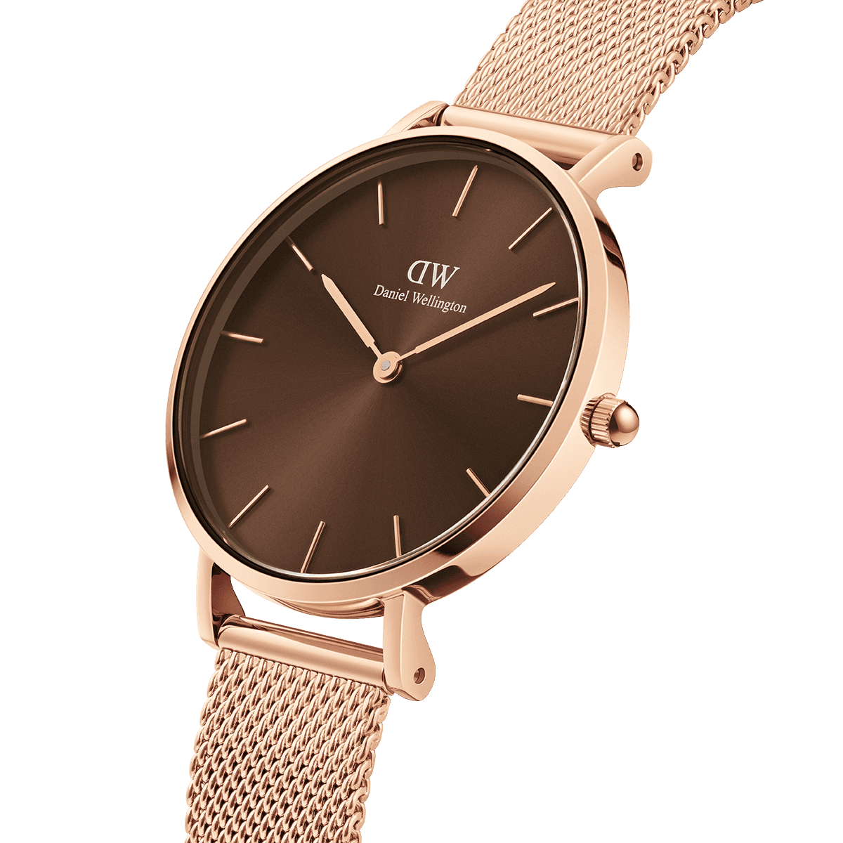 Angled view of Daniel Wellington Petite Amber rose gold watch with brown dial and mesh strap