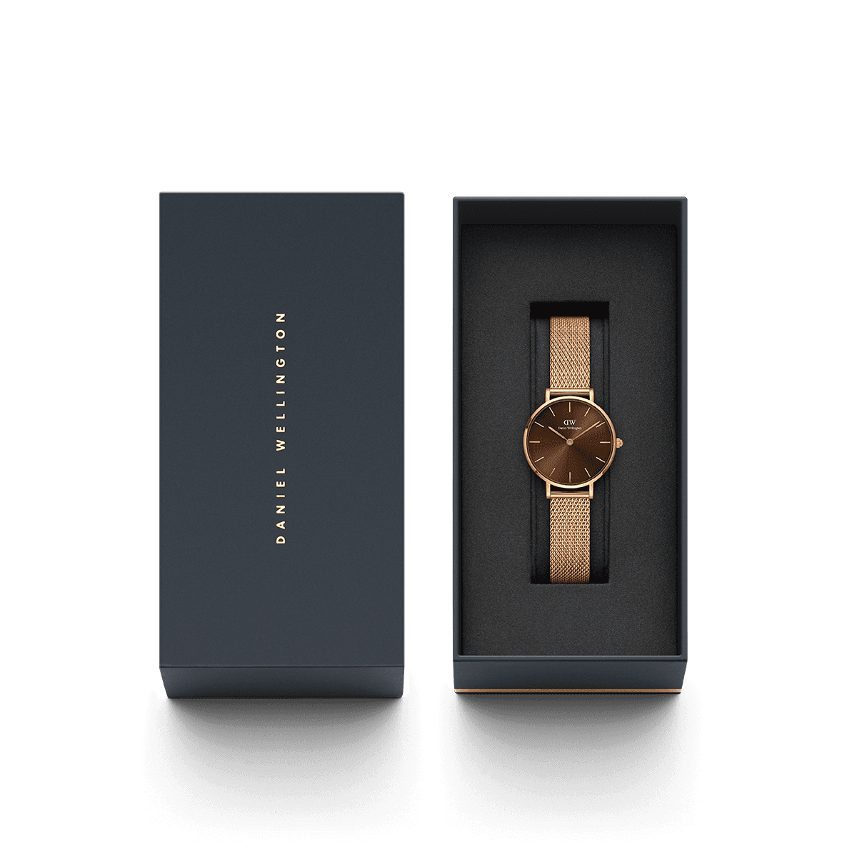 Daniel Wellington Petite Amber watch in packaging box with owner's guide