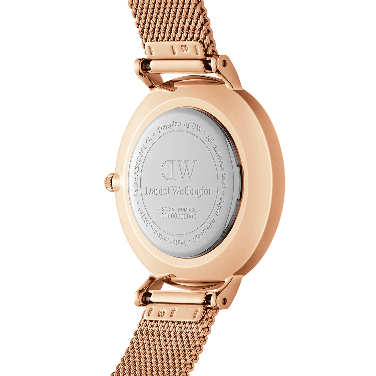 Case back view of Daniel Wellington Petite Amber watch with engraved Daniel Wellington text