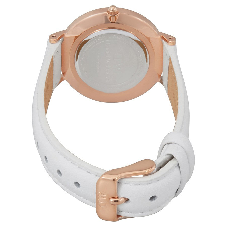 Daniel Wellington Petite Bondi caseback showing rose gold case with white leather strap