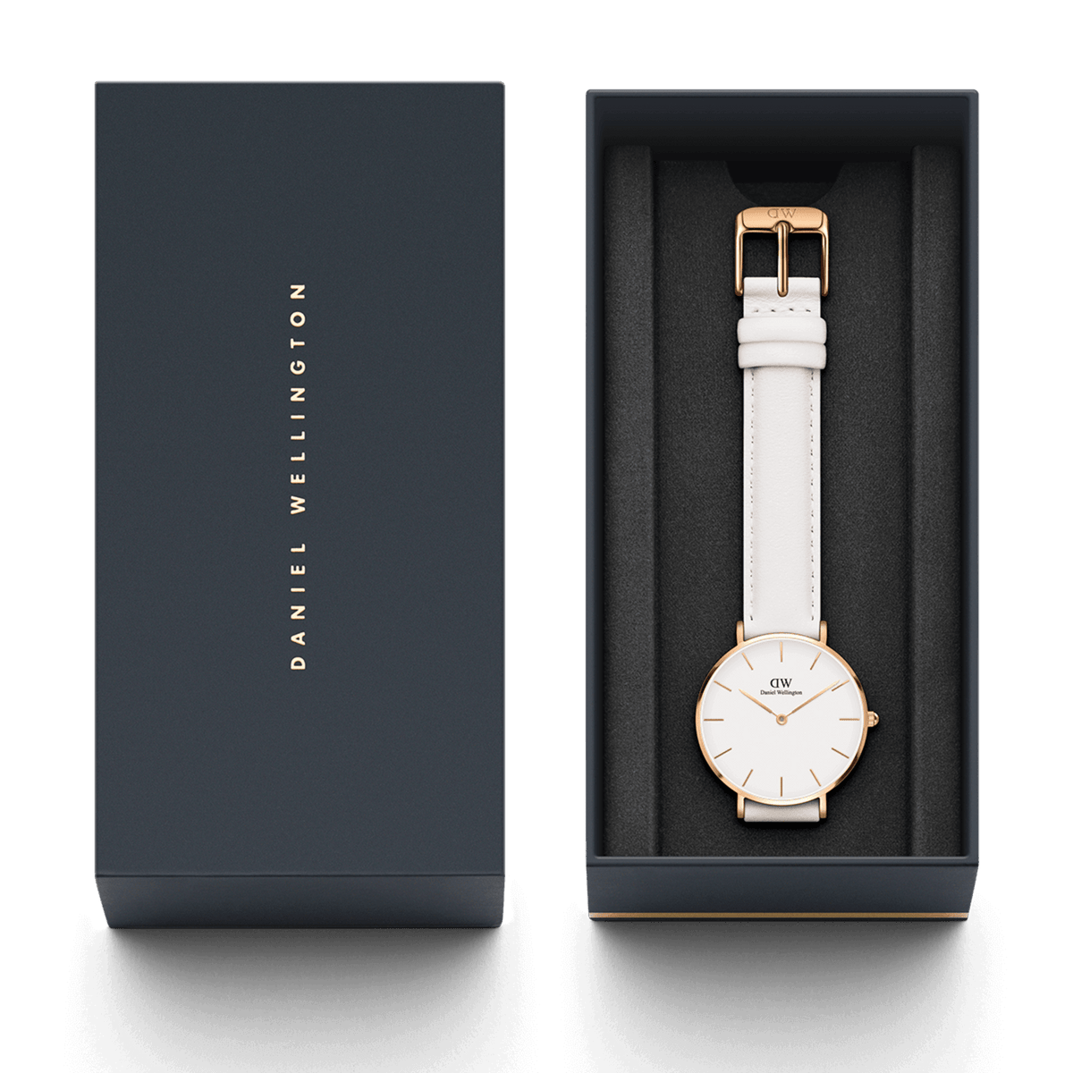 Daniel Wellington branded navy box with white leather strap and rose gold watch inside