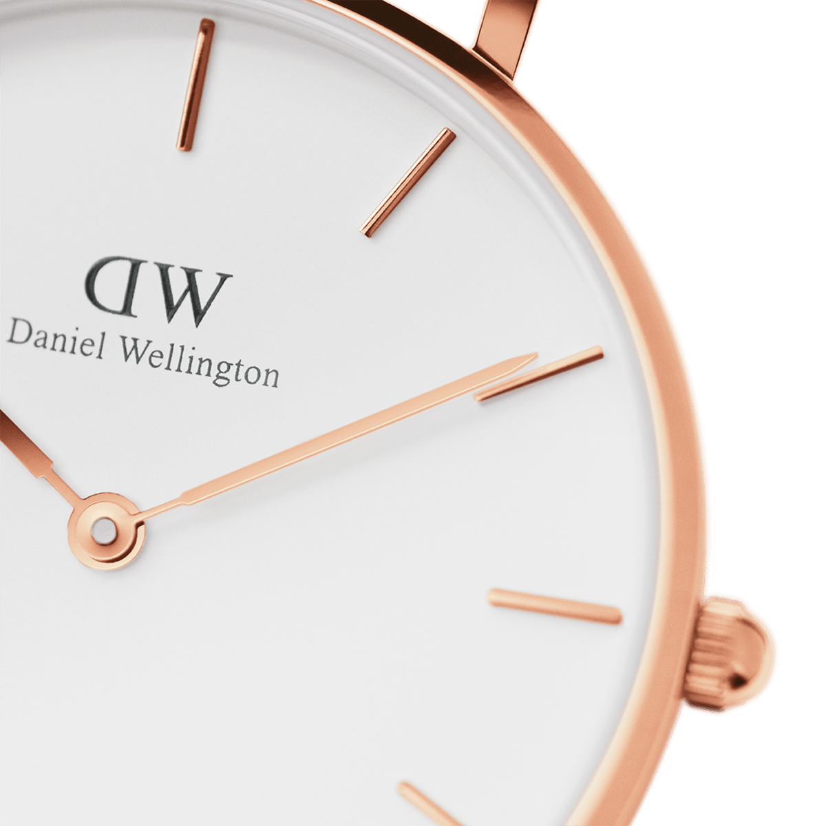 Close-up of Petite Bondi dial showing rose gold hands, indices, and Daniel Wellington branding