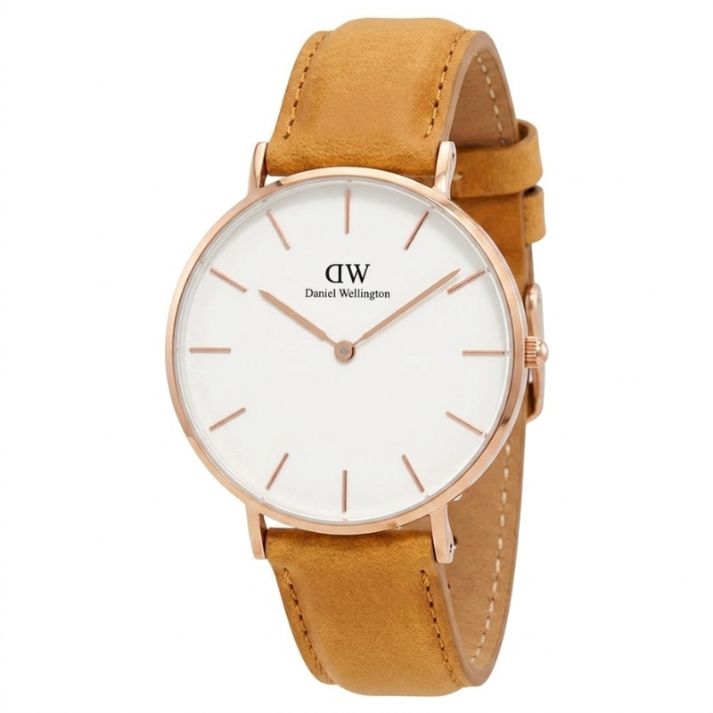 Daniel Wellington Petite Durham 32mm watch with white dial, rose gold case, and tan leather strap