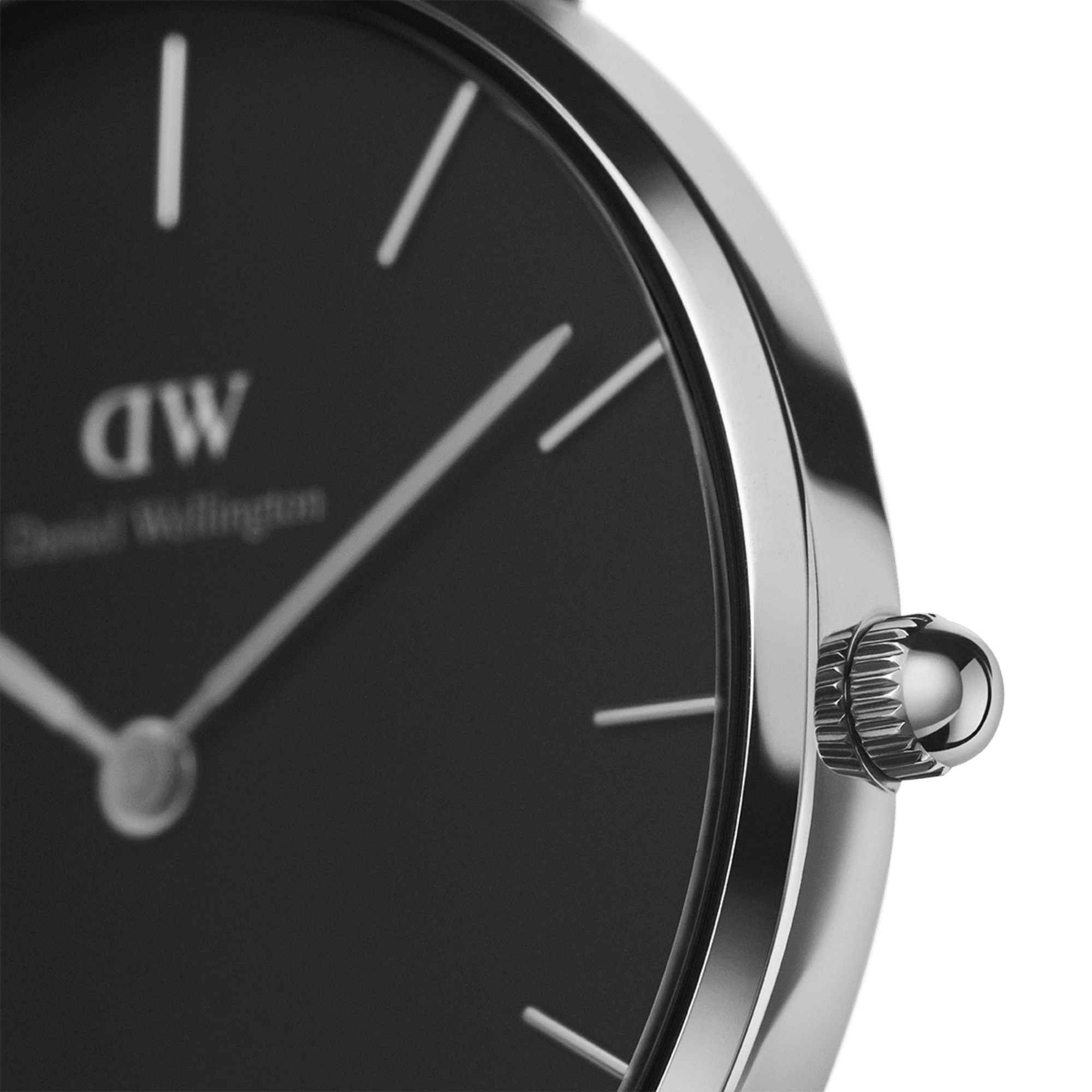 Close-up of black dial with DW logo and hour markers