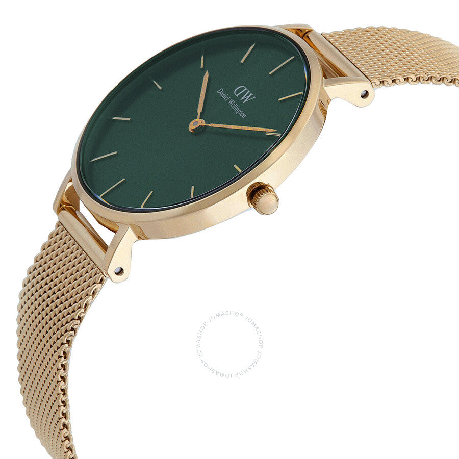 Daniel Wellington Petite watch side view showing green dial and gold mesh bracelet