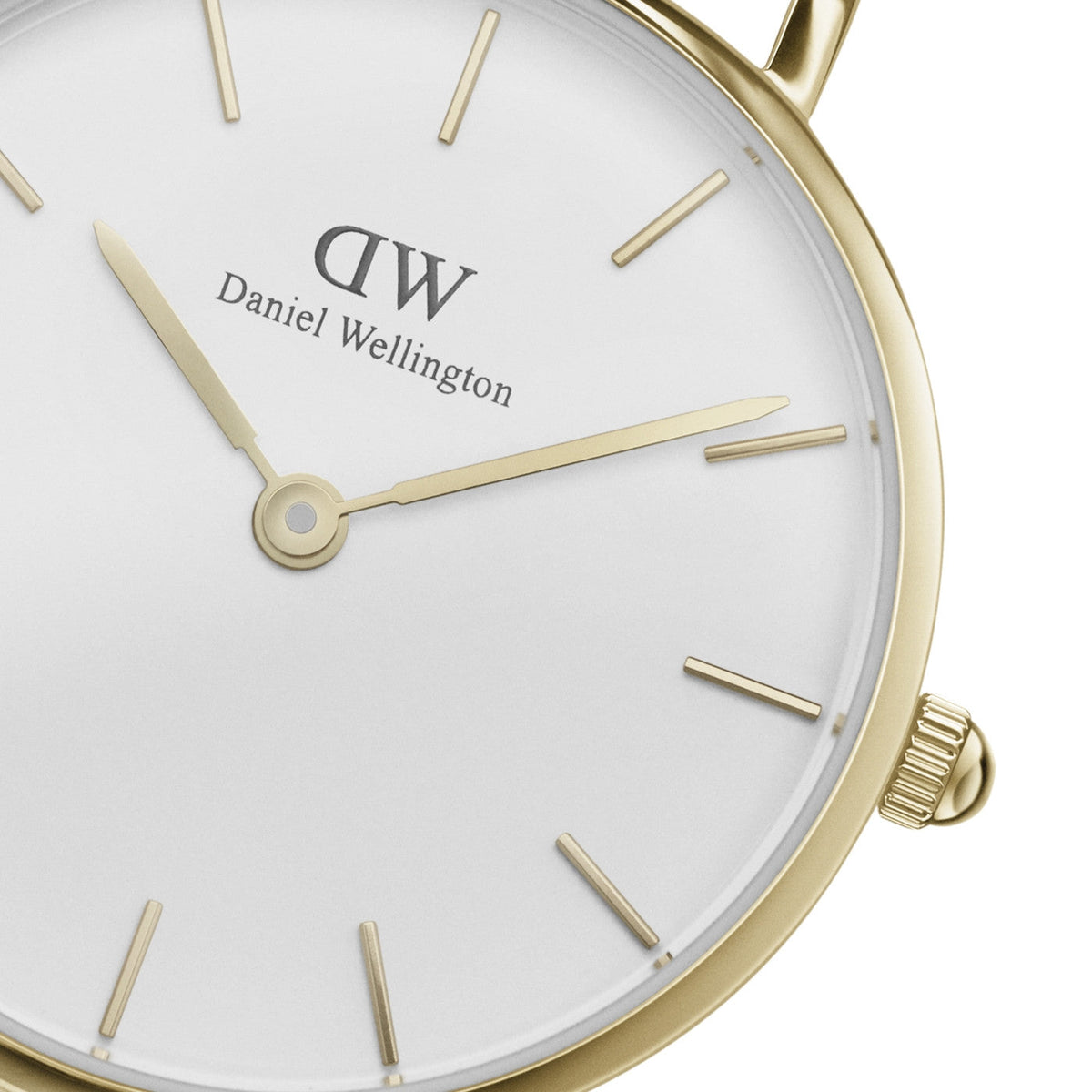 Close-up of Daniel Wellington Petite Evergold dial with gold hands and markers
