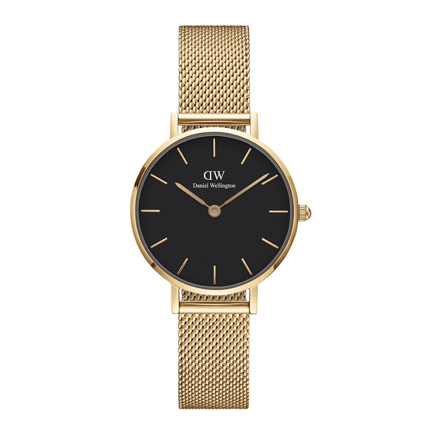 Daniel Wellington Petite Evergold ladies watch with black dial, gold case and mesh strap