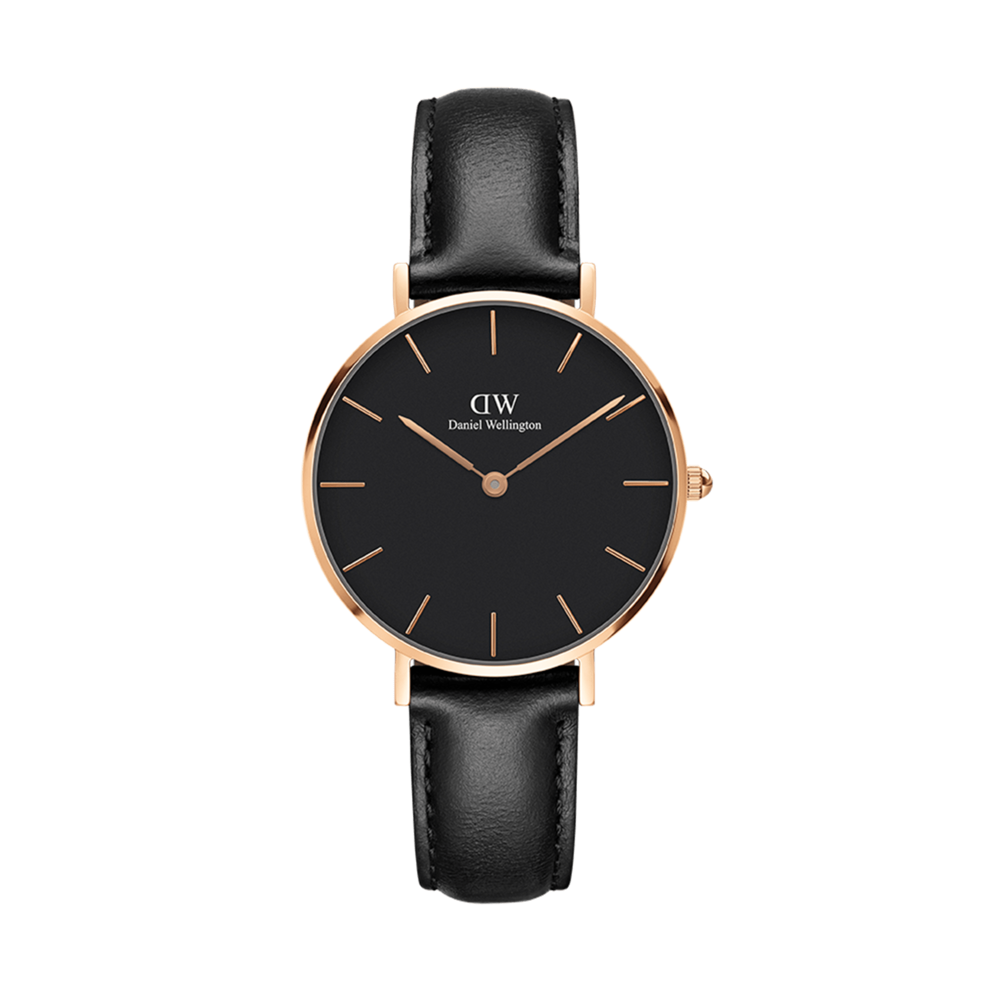 Daniel Wellington Petite Sheffield women's watch with rose gold case, black dial and black leather strap