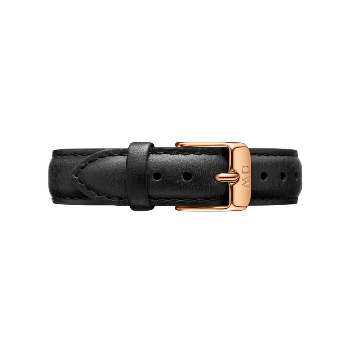 Black leather watch strap with rose gold buckle and stitch detailing