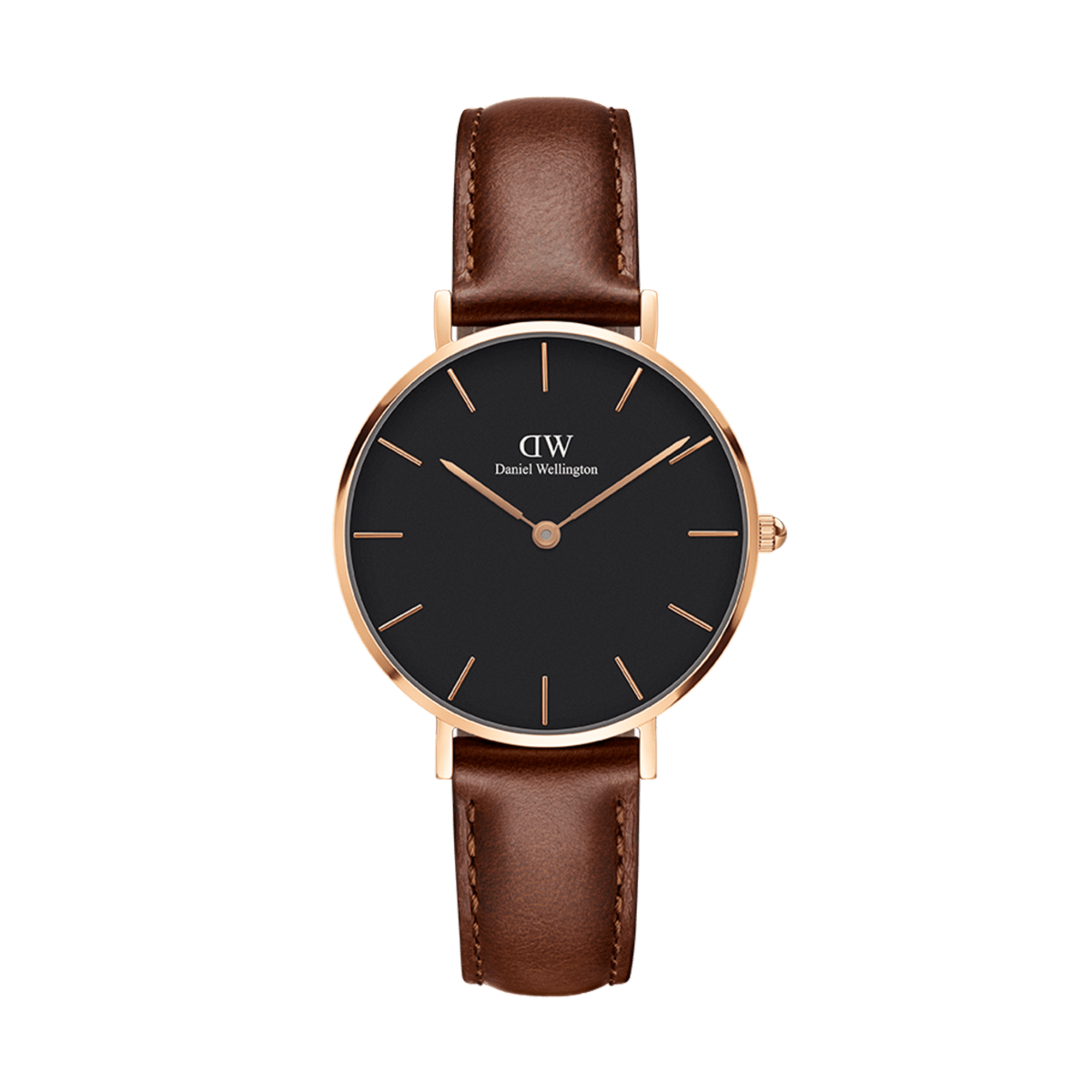 Daniel Wellington Petite St Mawes black dial watch with rose gold case and brown leather strap