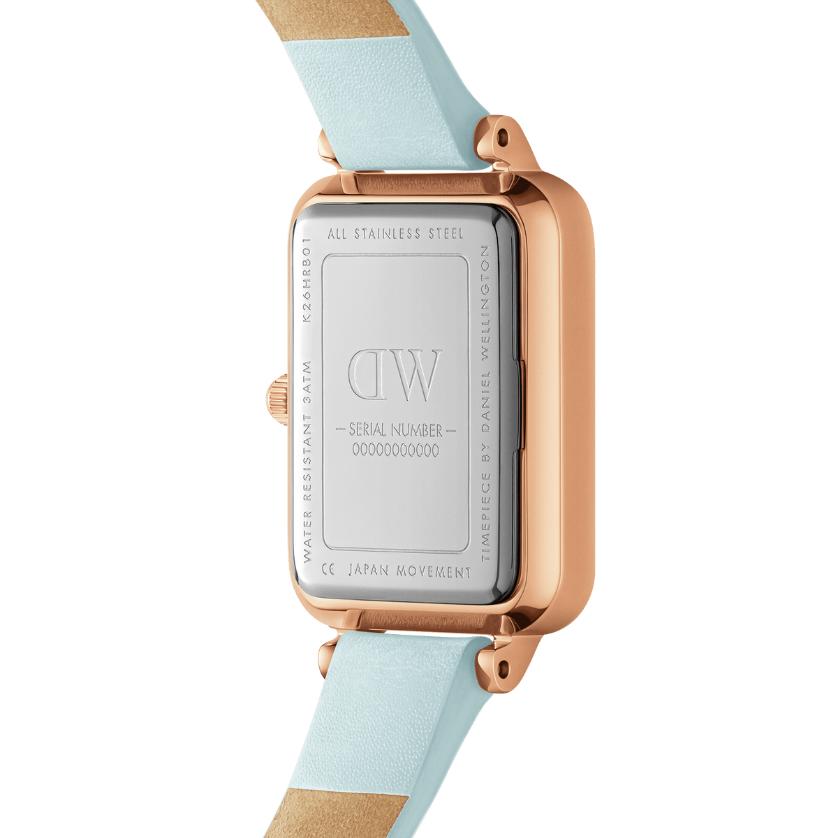 Daniel Wellington Quadro watch caseback displaying stainless steel case with engraved DW logo and serial number