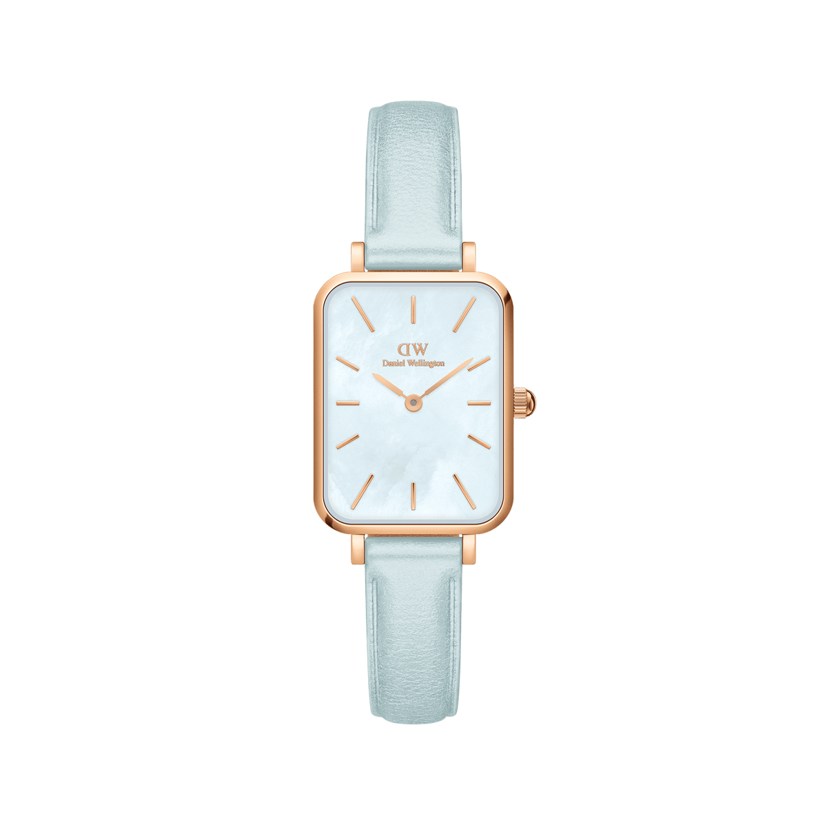 Daniel Wellington Quadro women's watch with rose gold rectangular case, white dial, and light blue strap