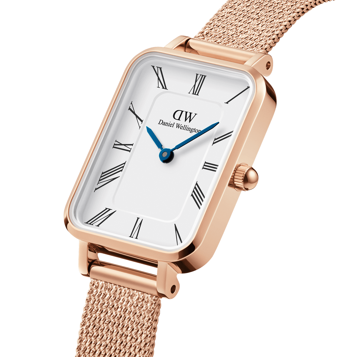 Angled view of Daniel Wellington Quadro women's watch showing rectangular case and mesh strap